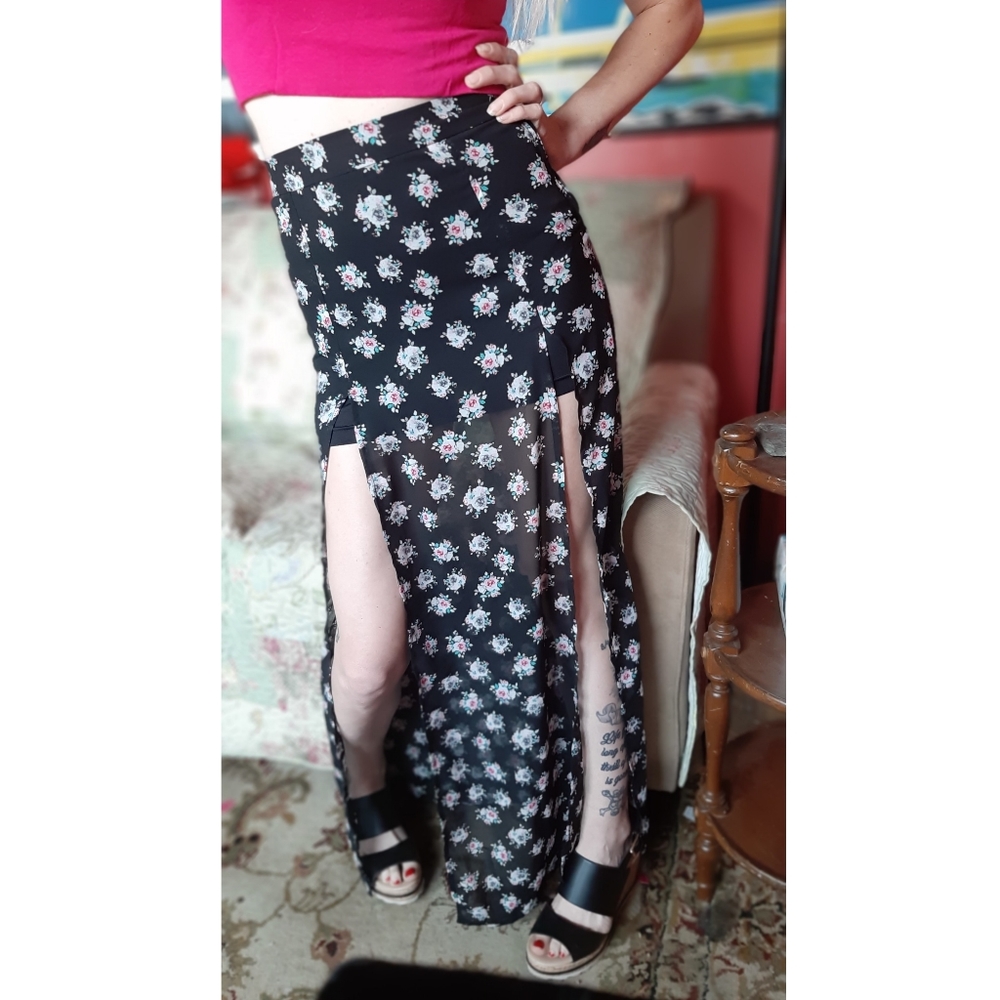 High waist Floral Maxi Skirt with High Slits